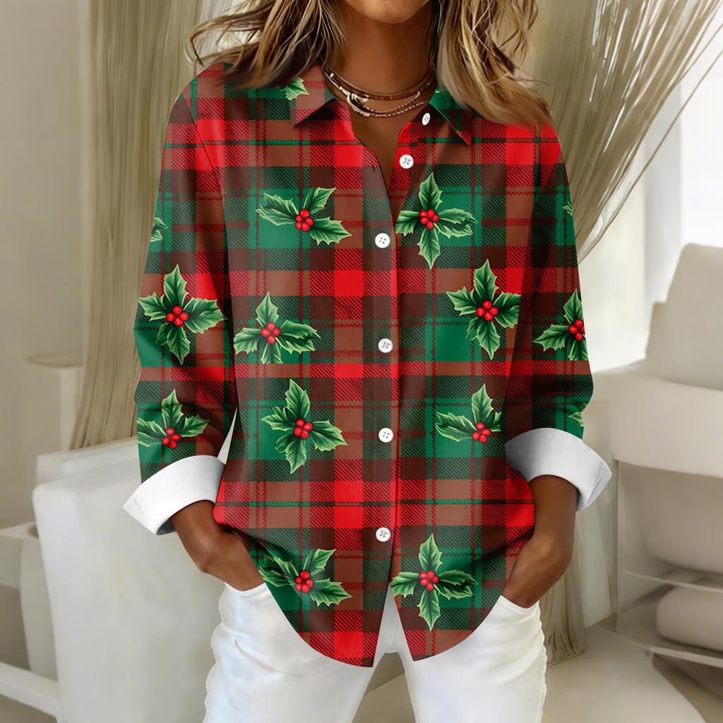 Women's Shirt Blouse Christmas Print Button Long Sleeve Casual Basic Shirt Collar Regular Top