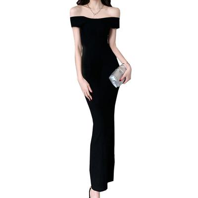 BEYANE Long Cabaret Tight Petite Party Stretch Club Cute Ribbed Maxi Length Dress, Dress, Off-the-Shoulder, Fit, Dress, Black, Long, Off-the-Shoulder,