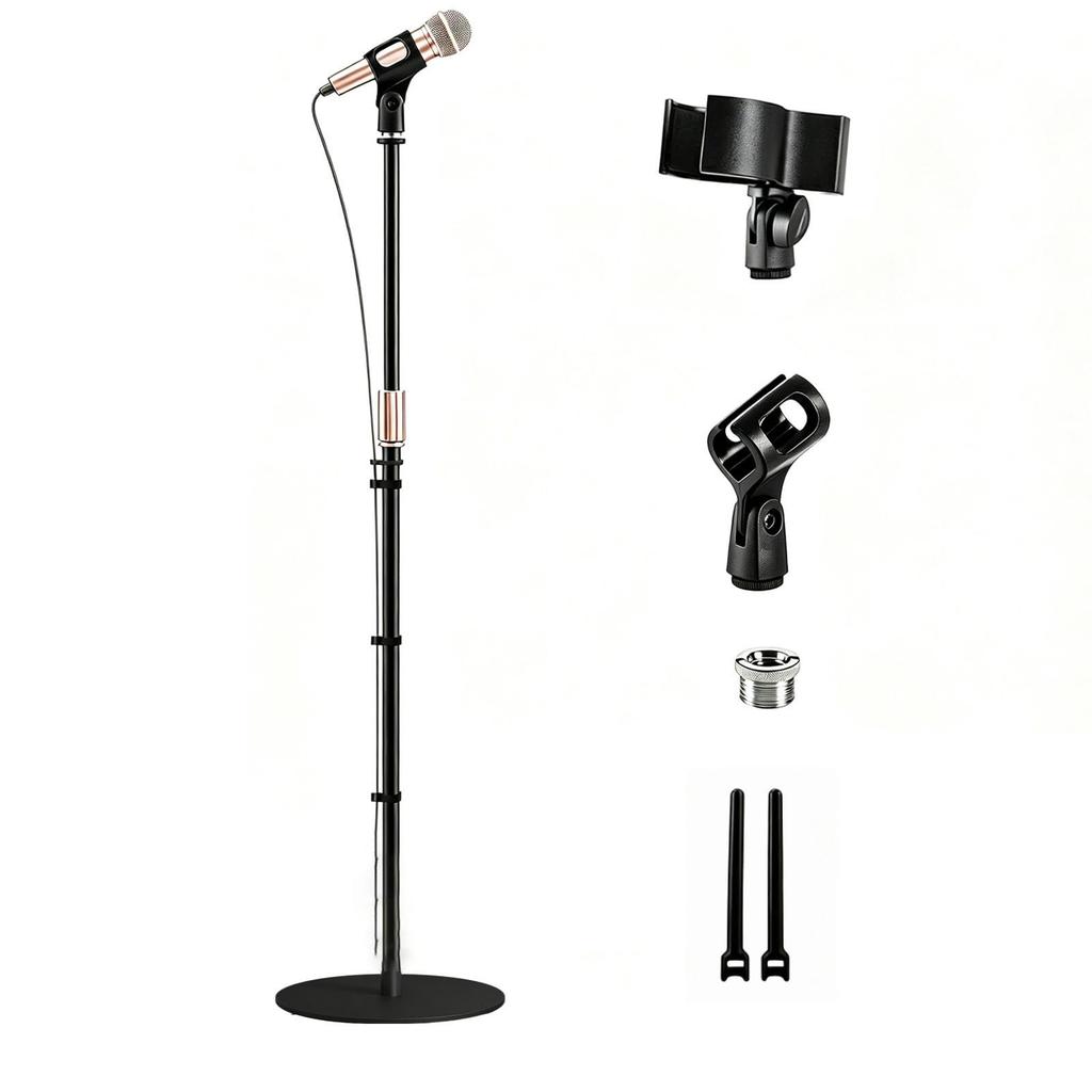 Microphone Floor Stand, 0.55-1.7m Extendable, 360° Angle Adjustment, Includes 2 Microphone Clips, Lightweight Weighted Base, 38" Screw Adapter, for