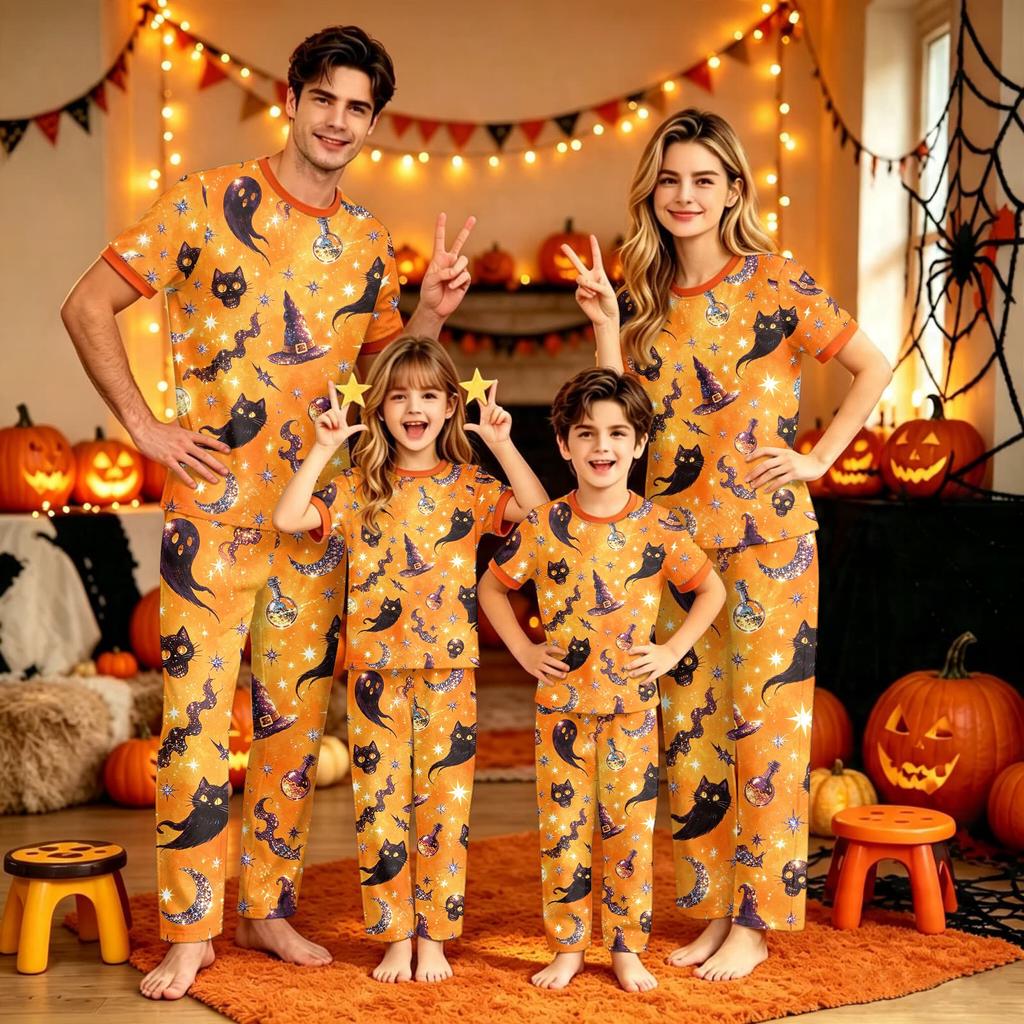 Family Matching Halloween Pajama Sets Short Sleeve T-Shirt and Pants Print Wear for Women Men Kids