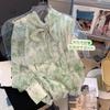 French-style Green Print Tied Chiffon Blouse Women  Early Spring New Vintage Long Sleeve Shirt
