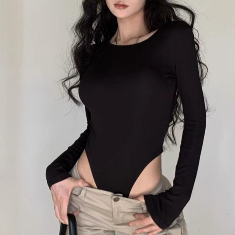

Ins Style round Neck Midriff Outfit Jumpsuit Women s Fall and Winter Inner Wear Brushed Slim Fit Long-Sleeved T-shirt Sweet and Spicy Bottoming Shirt Black XL