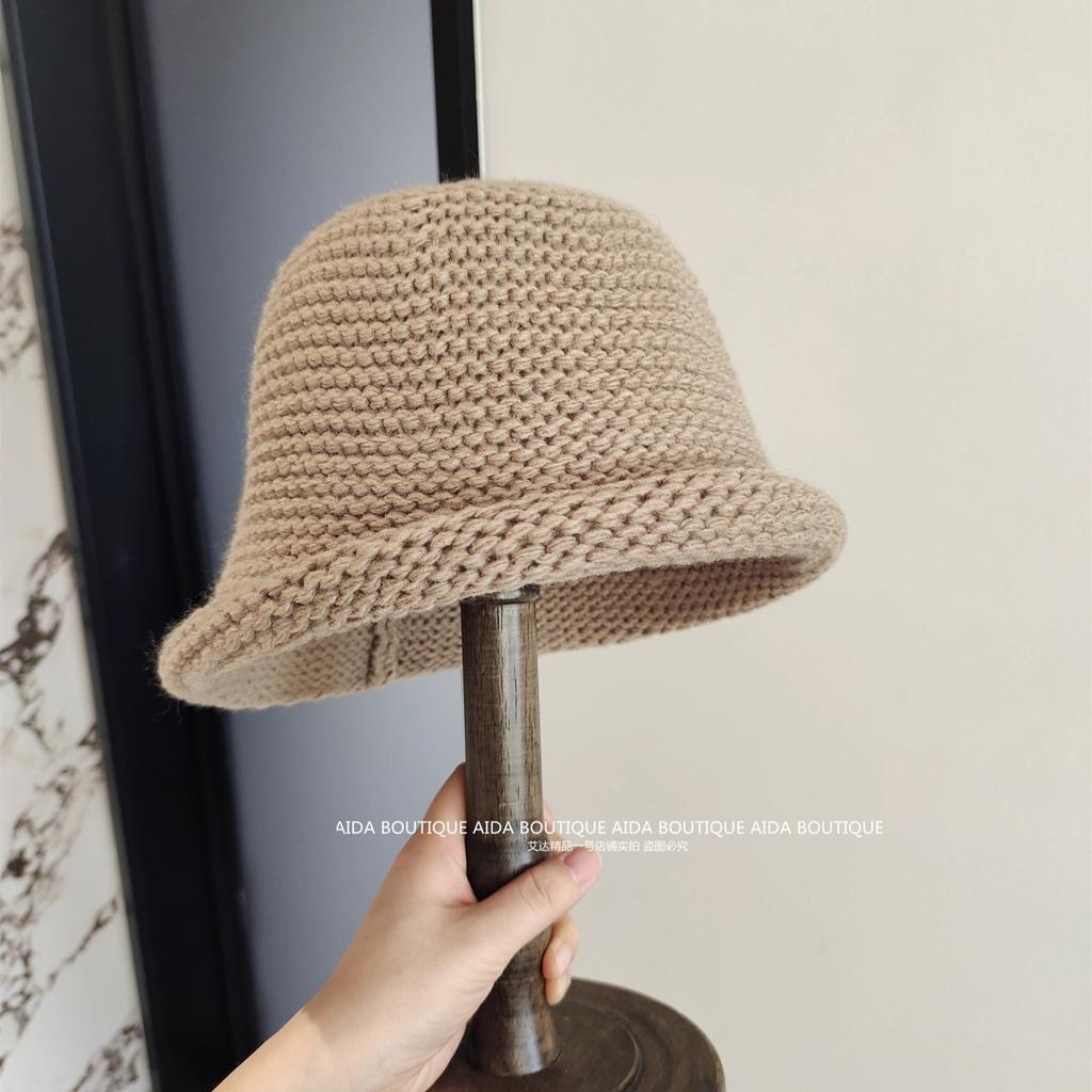Korean version retro solid color wool hat women's warm and comfortable crimped knitted hat shows the face small thick wool bucket hat