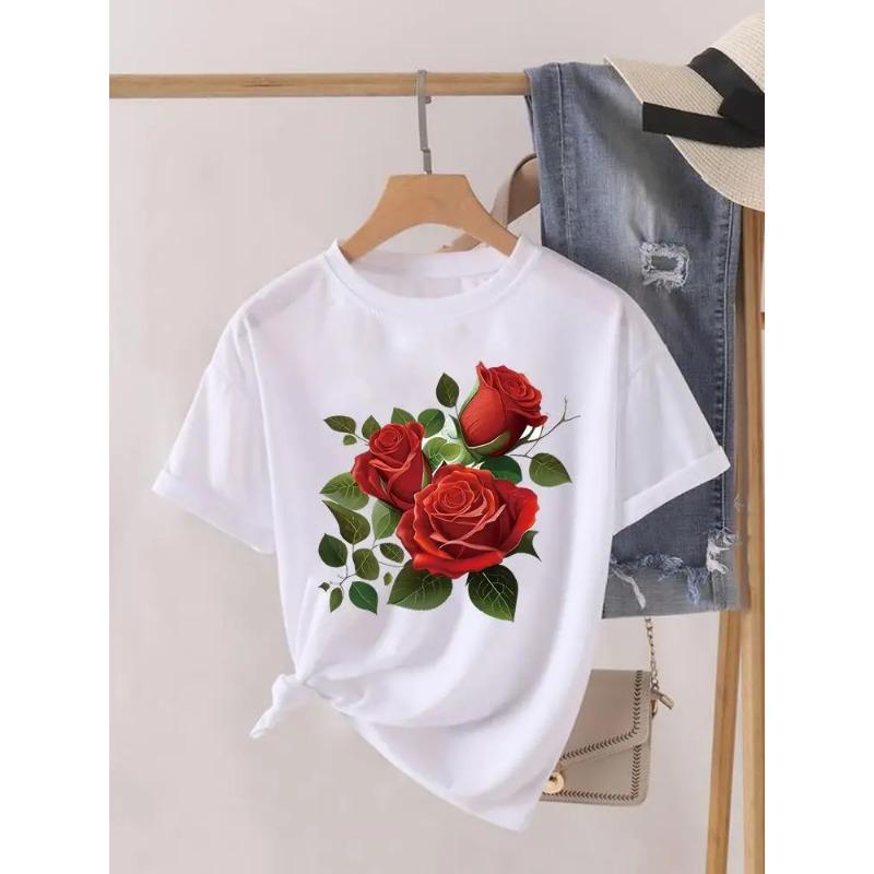 Krótki Rękaw Damski Nadruk Letnia Koszulka Modne Ubrania Koszulki Graficzne Kwiaty Akwarelowe Urocze Ubrania Damska Codzienna Koszulka