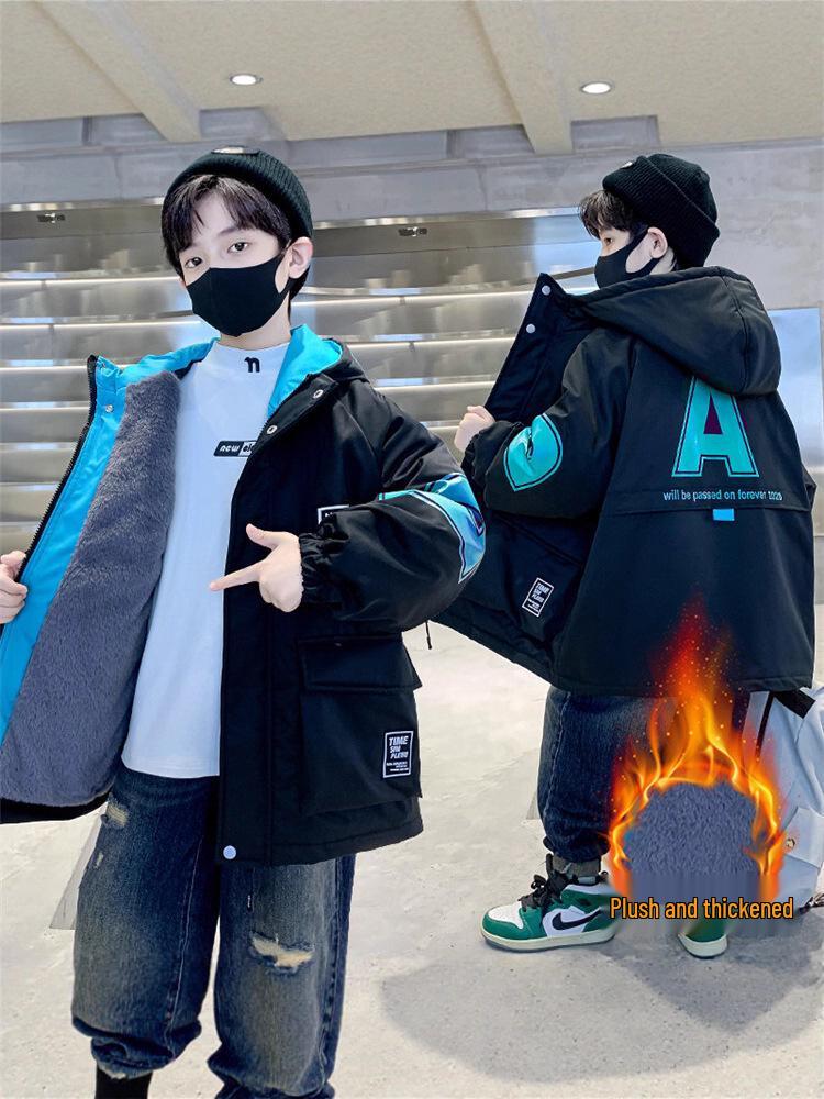 Boys' 2025 Winter Cotton-Padded Fleece-Lined Parka with Rabbit Fur