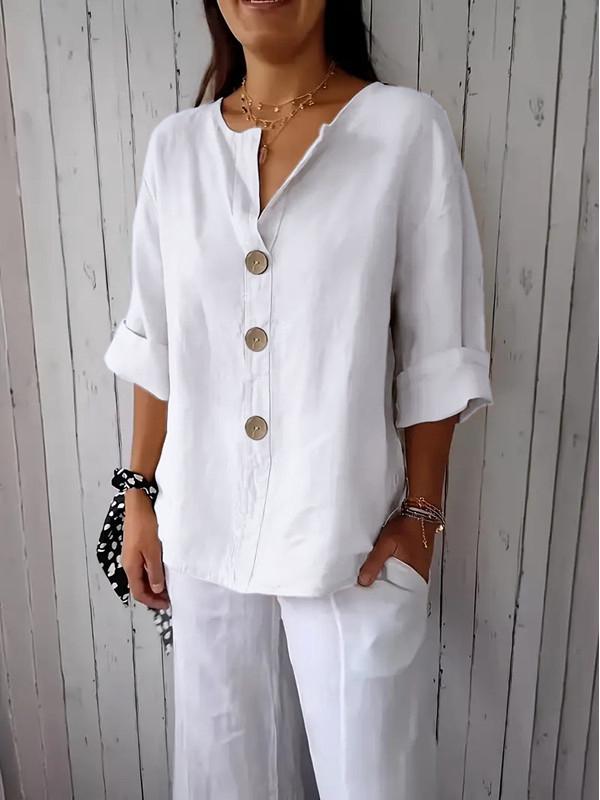 2026 Women's Loose V-Neck Cotton Linen Button Top - Comfortable Casual Summer T-shirt
