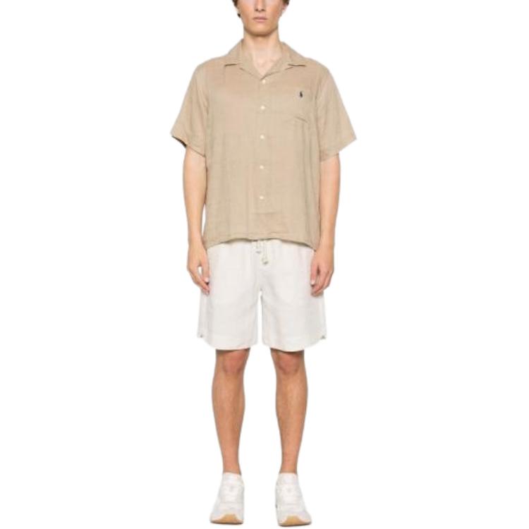 Polo Ralph Lauren Solid Color Logo Embroidered Cuban Collar Short Sleeve Shirt Men Shirts Beige 710966421-003