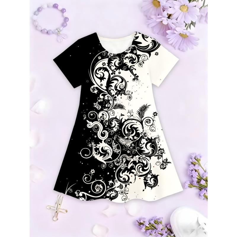 3D Digital Cartoon Butterfly Pattern | Cute Girls' Short Sleeve Tunic Dress Perfect for Spring/Summer, Casual Style with Slight Stretch Fabric