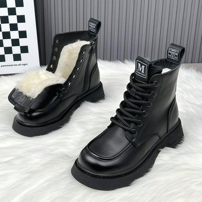 Damen PU Leder Stiefel Winter Runde Zehenpartie Blockabsatz Stiefeletten Outdoor Rutschfeste Dicke Sohle Warme Plüsch Schneestiefel für Damen