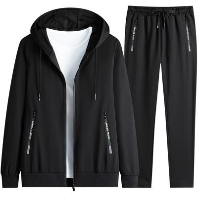 Men's Fall and Winter Plus Size Single Layer Fitness Set Long Sleeve Hooded Zipper Shirt + Pants 2 Piece Set