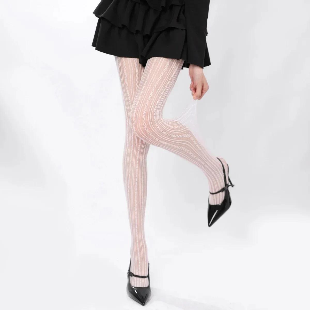 Gothic Spitzen Netzstrümpfe Y2K Ausgeschnitten Einfarbige Strumpfhosen Jk Japanischer Stil Hohe Taille Vintage Rauten Gestreifte Strumpfhosen S white