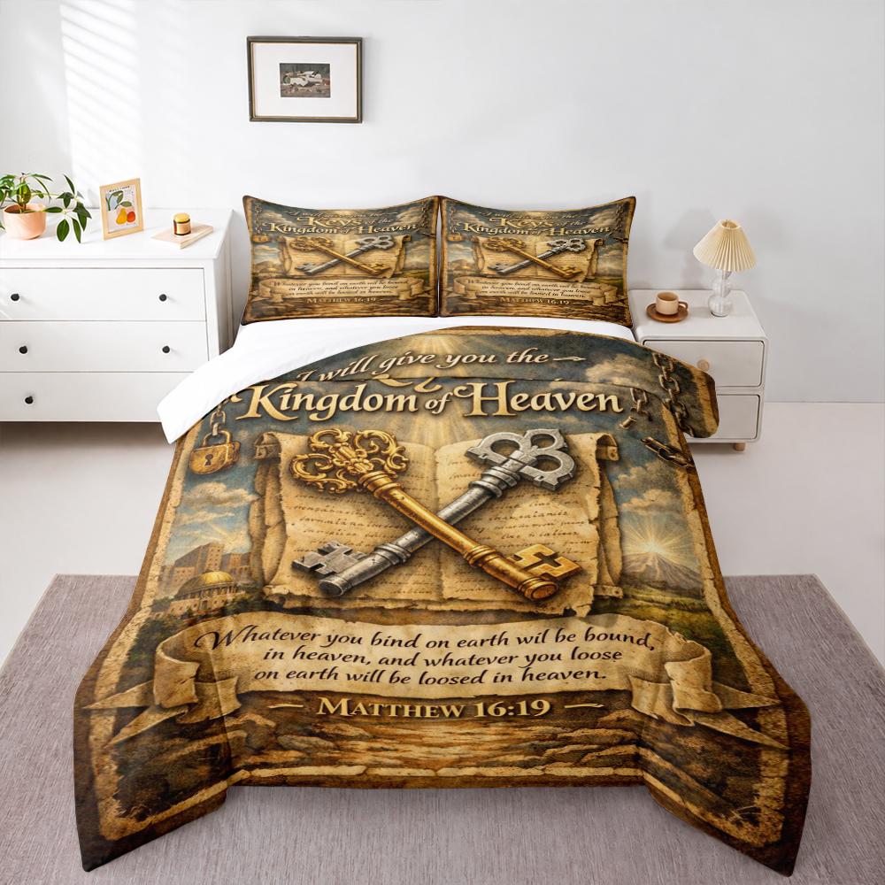 3 Piece Bedding Set with Duvet Cover and 2 Pillowcases - Keys Of The Kingdom Of Heaven Bible Print - Gold Sepia Christian Decor for Faith Fans