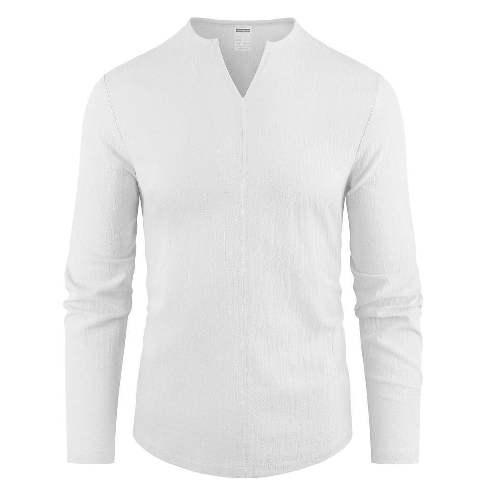 Herren Baumwolle Leinen T-Shirt V-Ausschnitt Langarm Freizeit T-Shirts Einfarbig Leicht Atmungsaktiv Gemütliche Oberteile Herrenmode T-Shirts XXXL weiß