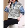 Spring Autumn Fake Two Pieces Knitting Demin Patchwork Shirt Ladies Long Sleeve Vintage All-match Vest Blouse Women's Clothing