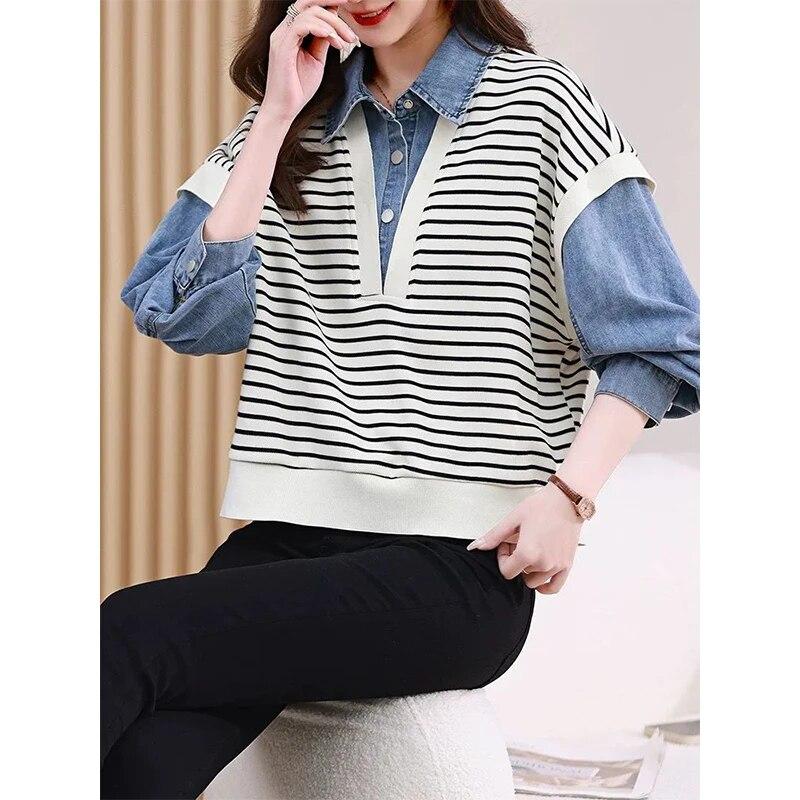 Spring Autumn Fake Two Pieces Knitting Demin Patchwork Shirt Ladies Long Sleeve Vintage All-match Vest Blouse Women's Clothing