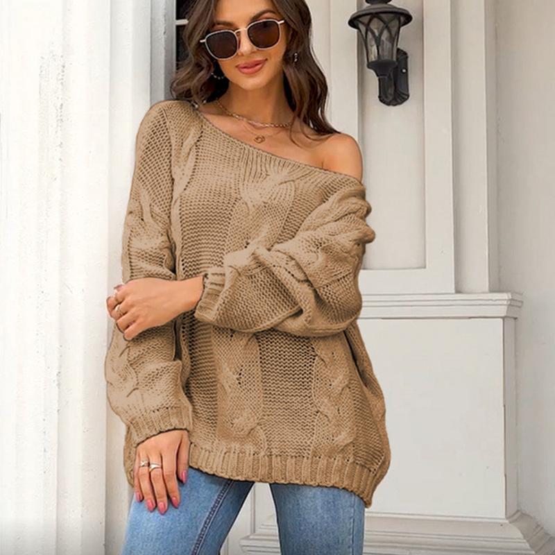 Ladies Autumn Winter Lantern Sleeve Flat Shoulder Pullover Solid Color Loose Knitted Sweater Knitwear Top