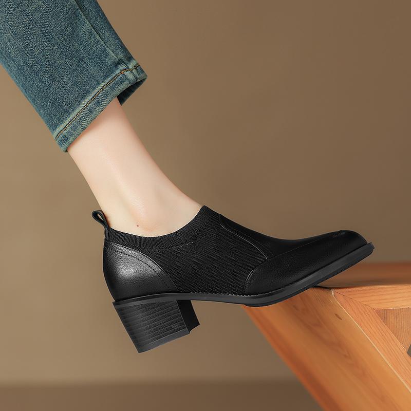 2024 New Genuine Leather Top Quality Retro Shoes Woman Spring Slip On Dress Black Round Toe Ladies Loafers High Heel Shoes