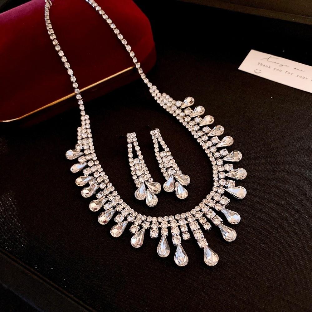 Water Drop Rhinestone Jewelry Set Shiny Inlaid Tassel Necklace Earrings Set Luxury Exquisite Crystal Necklace Set Women