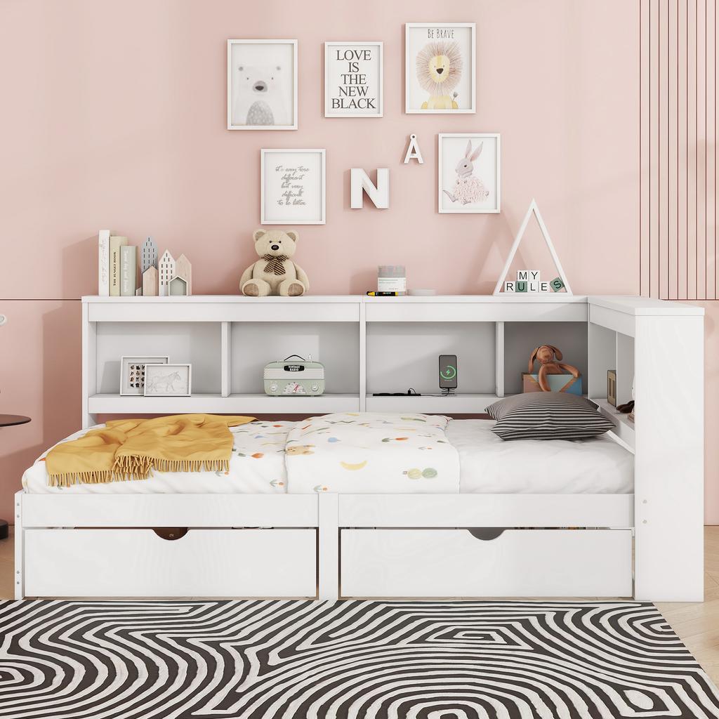 Daybed, 90 x 200 cm, Sofa Bed, Day Bed with Two Drawers, with Socket and 2 USB Ports, Bed with Slatted Frame (without Mattress), Chipboard, White
