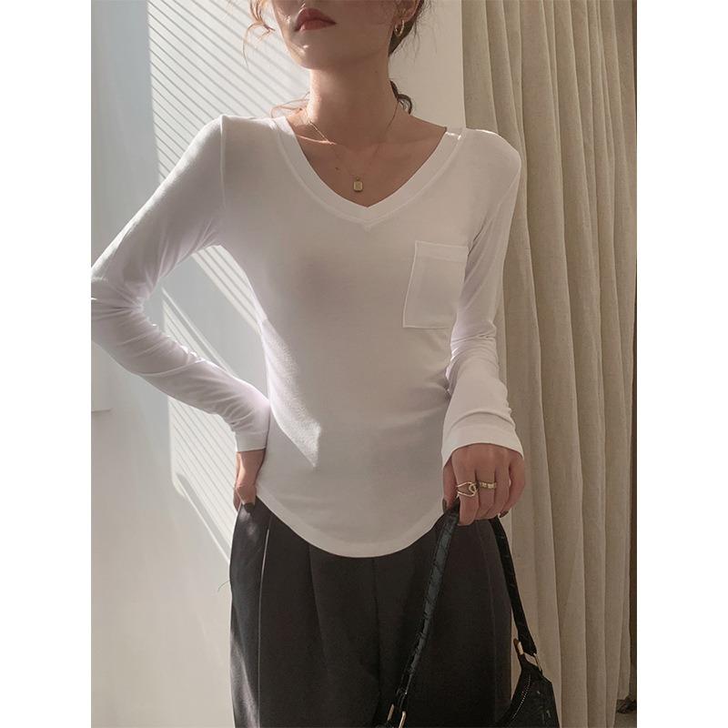 Women Simple Solid V Neck Slim Fit Long Sleeve Inner T Shirt Top