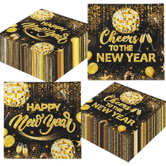40 Pieces Black Gold Happy New Year Napk Cheers To The New Year Cocktail Beverage Napk New Year s Eve Disposable Paper Napkin Set for Home New Years