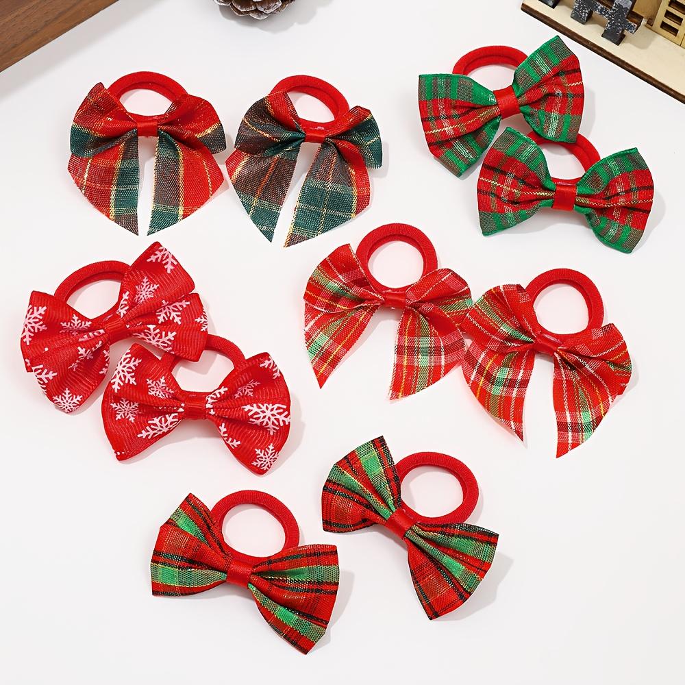 10pcs Christmas Bow Hair Ties - Festive Plaid, Snowflake & Striped Designs, Soft Polyester Hair Accessories for Holiday Parties,