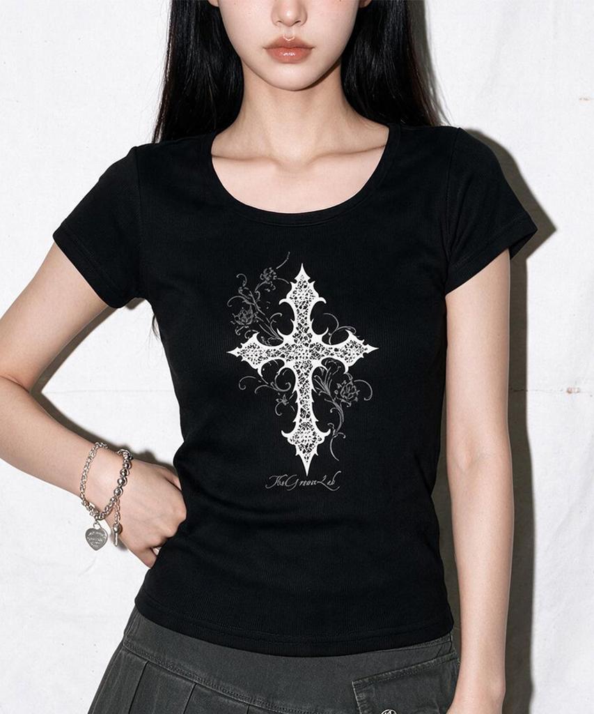 THE GREEN LAB Cross Boat Neck Slim Short Sleeve Tee [Light Pink]