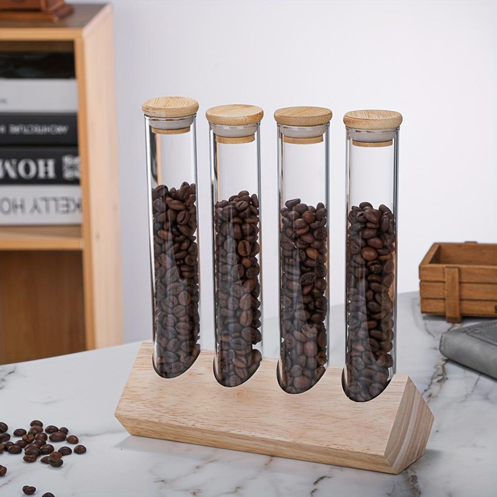 4pcs Food Jars & Canisters Glass Multipurpose Round Flip Top Reusable Test Tube With Rack Empty Coffee Beans Tea Spice Glass Storage Bottle For Bar Ho