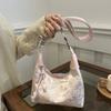 Sweet Elegant Embroidery Shoulder Bag Nylon Texture Pearl Pendant Crossbody Purse Small Bucket Handbag Women Fashion Accessory