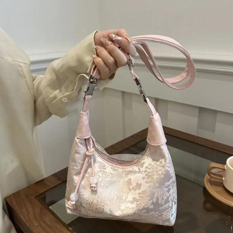 Sweet Elegant Embroidery Shoulder Bag Nylon Texture Pearl Pendant Crossbody Purse Small Bucket Handbag Women Fashion Accessory