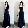 French Black Spaghetti Strap Dress for Women, Summer Petite Beachside Vacation Elegant Slimming Long Dress