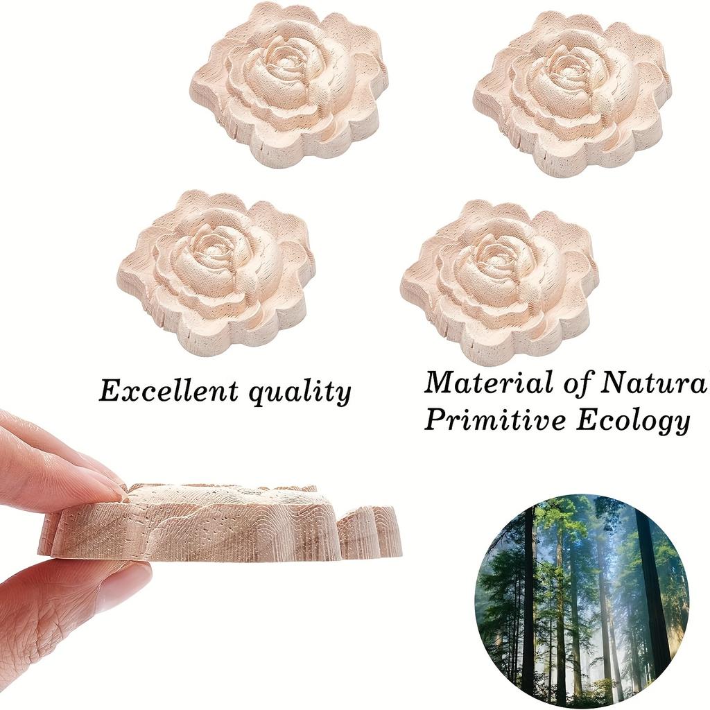 4 Pcs Carved Wood Appliques Onlays,Unpainted Flower Shape Wood Carved Applique Frame Onlay for Cabinet Door Bed Wardrobe Furniture Decoration