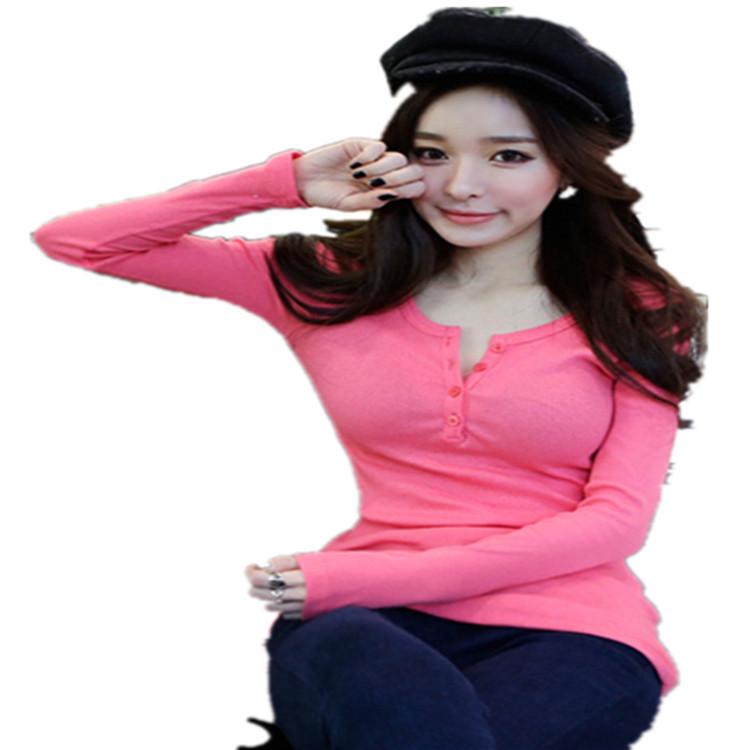 Herbst Dünnes Einfarbiges Langarm Damen Koreanisches T-Shirt