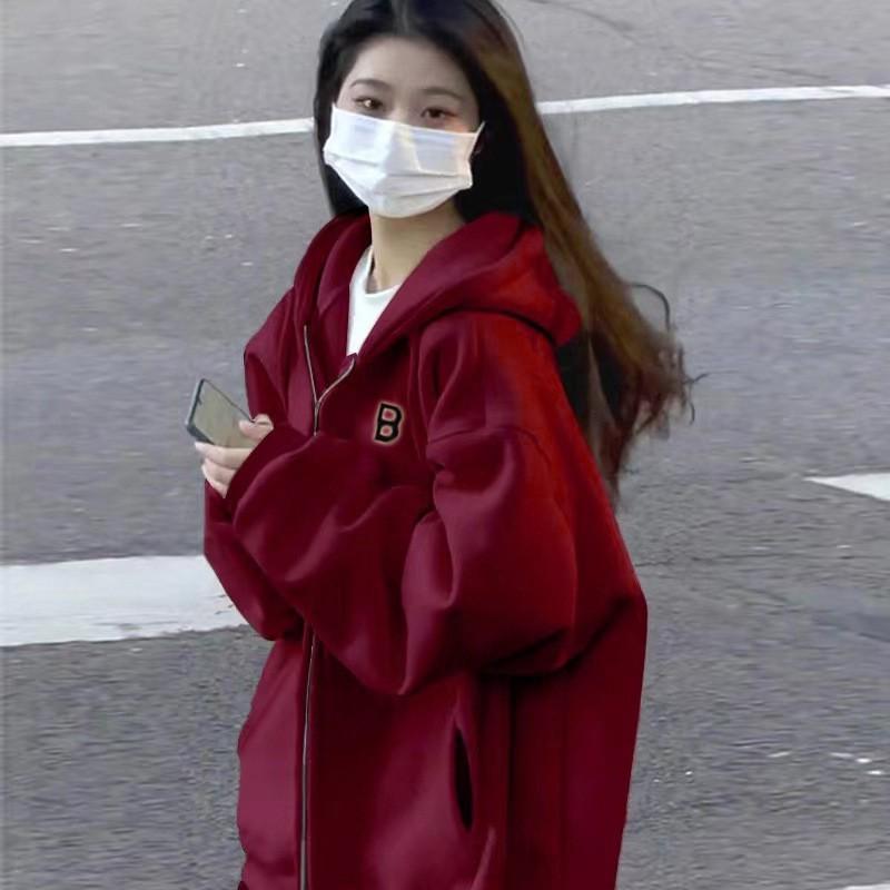 Womens Oversized Fleece-Lined Hooded Zip-Up Sweatshirt Winter Warm Loose Fit Casual Coat In Wine Red Black Beige Gray