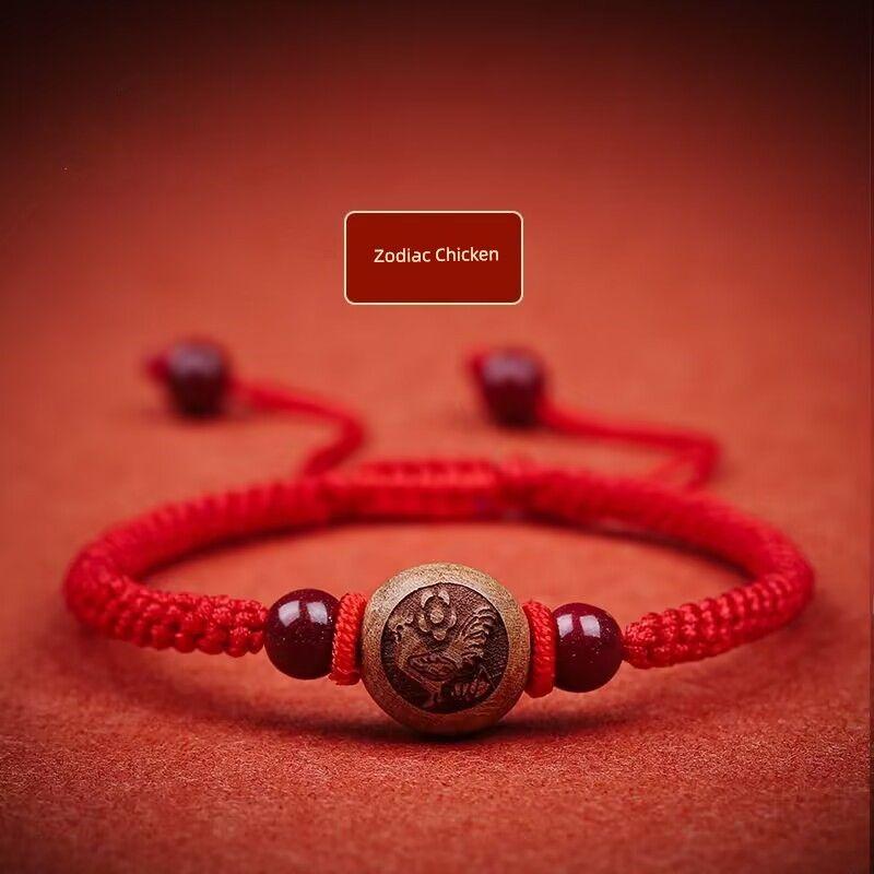 Peachwood Zodiac Red Rope Bracelet Men's Lucky Beads Woven Hand Strap Girls Kids Natural Cinnabar Bracelet Snake