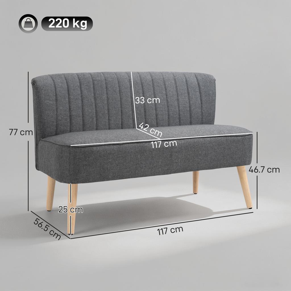 117cm Loveseat Sofa Upholstered Small 2 Seater Sofa with Thick Padded Seat and Rubber Wood Legs, Grey