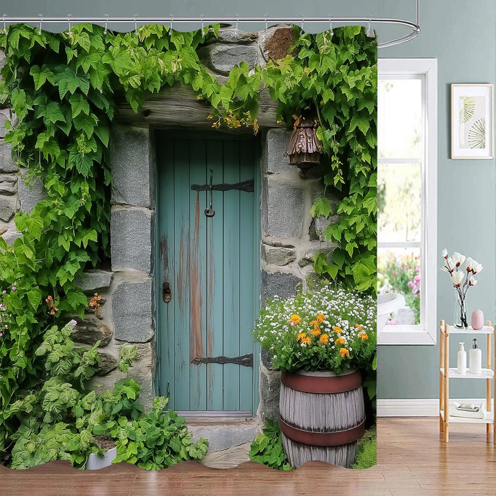 Fence Flowers Shower Curtains Blue Window Nature Floral Plants Scenery Modern Garden Wall Hanging Home Bathroom Decor With Hooks