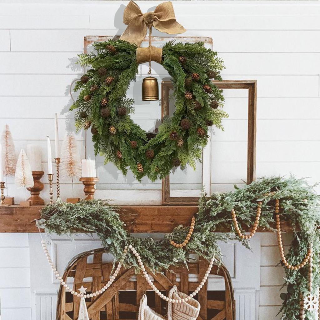 Christmas Pinecone Wreath with Bell Door Hanging Heart Shaped Vine Wreath with Linen Bow for Home Christmas Decoration