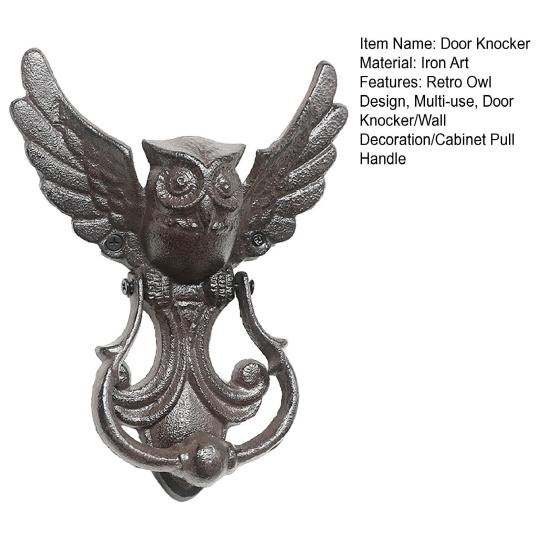Xiaobudian Vintage Cast Iron Owl Door Knocker, Wrought Hollow Carved Wall Decor, Thickened Rustproof Cabinet Pull Handle, Pre-Drilled Holes for Gate &