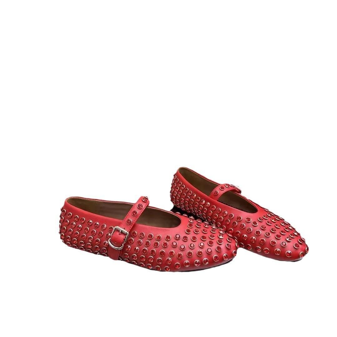 

Премиальная версия из коровьей кожи, туфли-балетки Мэри Джейн с низкой посадкой, с неглубоким вырезом, с круглым носком, с одинарной пряжкой со стразами 40 красный