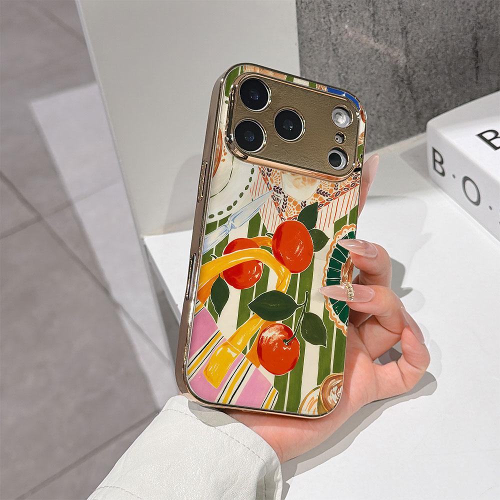 Lucky Start Phone Case For iPhone 17 16 15 14 13 12 11 Pro Max 16E Gold Electroplated Glass Shell Citrus Picnic Cover