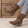 Damen Vintage Braun Western Cowboystiefel Herbst Winter Quaste PU Leder Ankle Booties Damen Plissee Hochhackige Mid-Calf Boot