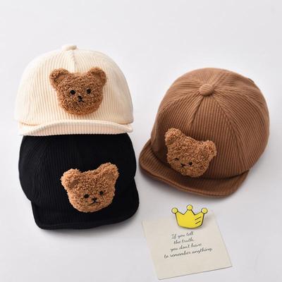 Cute Cartoon Bear Corduroy Baby Cap Solid Color Soft Brim Peaked Hat for Boys Girls Adjustable Kids Toddler Sun Bonnet
