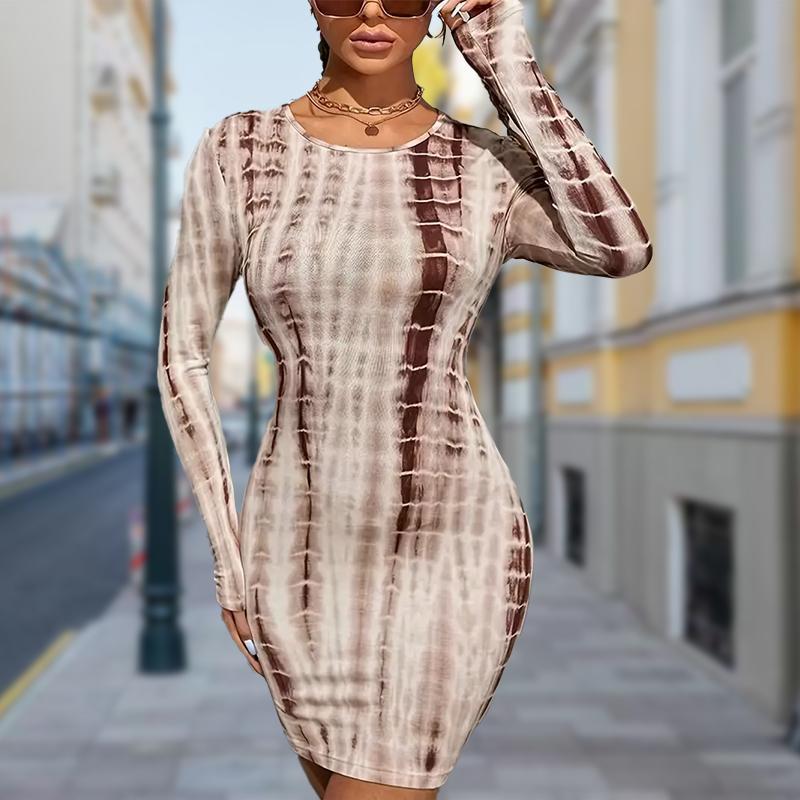 Women's Long Sleeve Midi Dress Round Neck Long Sleeve Bodycon Dress 3D Print Bodycon Dress
