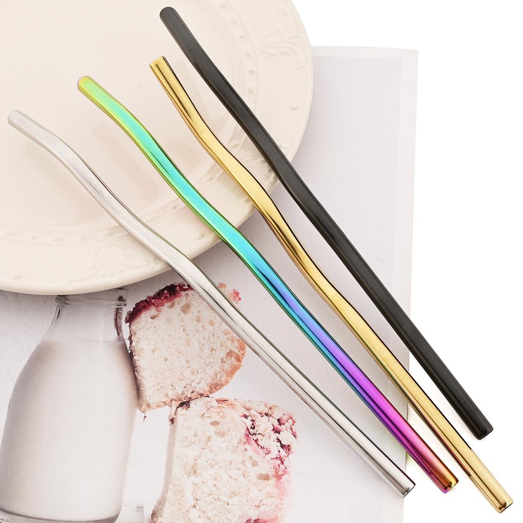 2pcs Wavy Stainless Steel Straight Straw Set Fruit Juice Milkshake Cocktail Bubble Tea Drinking Straw Kitchen Bar Accessories