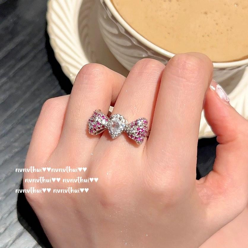 Wine Stained Rose Bow Water Drop Gem Ring, Princess On The Run, 18K Gold Plated, Rouge Pink Star, Ring