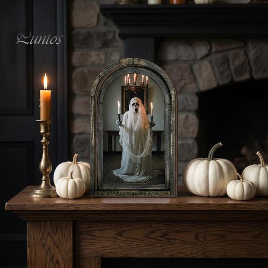 Halloween Desktop Ornament Arched Wooden Wall Decor, Ghost Cat Hanging Ornament, Distressed Gothic Solid Wood Frame Tabletop Decor Plaque, Spooky Home