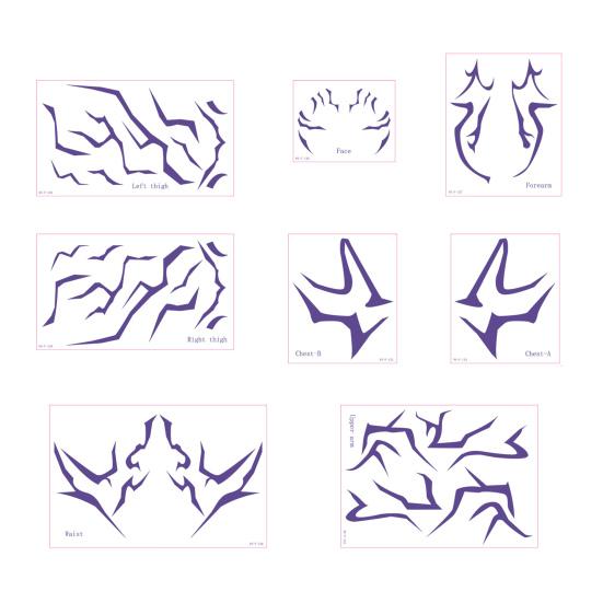 

8 листов аниме тату-наклейки, водостойкие, временные татуировки с полным покрытием, боди-арт для косплея, аксессуары для косплей-вечеринки на Хэллоуин A