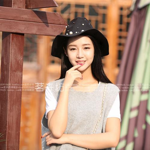 European and American Xiaoxiangfeng Personalized Beads Pearl Big Eaves Wool Top Hat Outdoor Sun Hat Children's Autumn Casual Jazz Hat