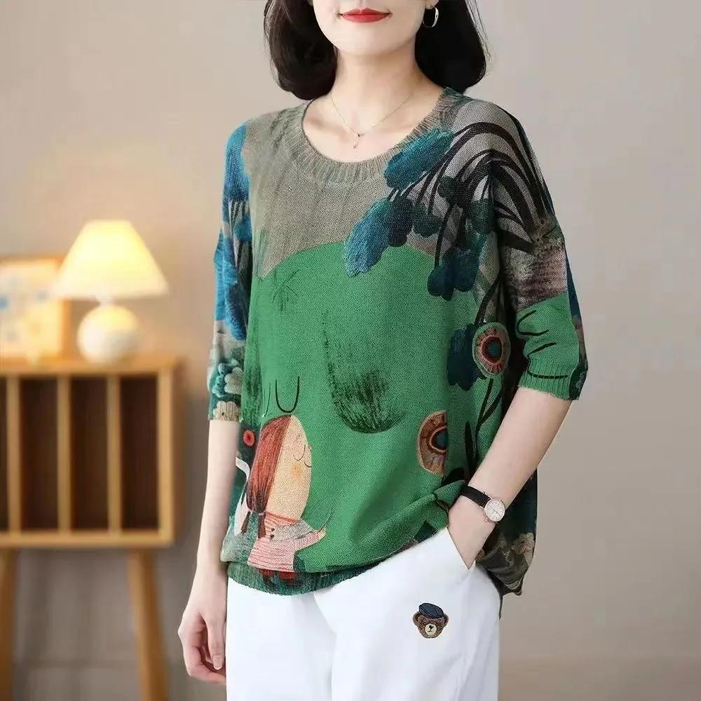 Women's Summer Thin Printed Short Sleeve T-Shirt Literary Round Neck Loose Pullover Top